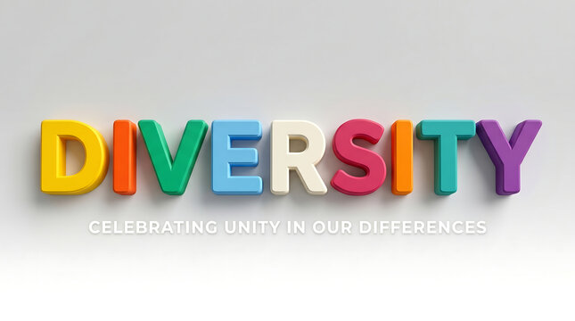 Diversity word in colorful 3D letters, celebrating unity in our differences message, inclusive community and social equality concept