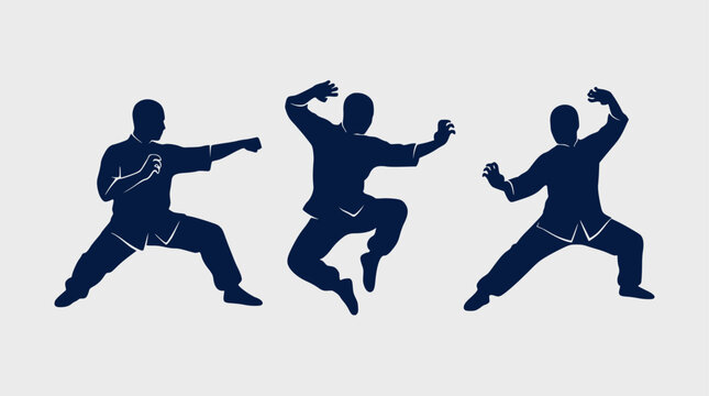 Silhouette of a man performing dynamic kung fu jump and attack poses