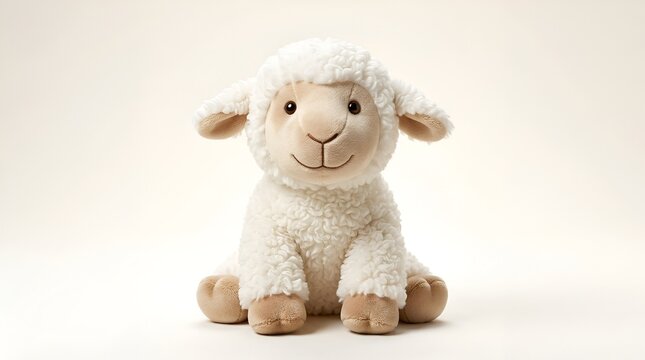 Cute fluffy sheep plush toy sitting on a white background, studio shot