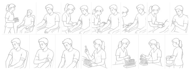 Obraz premium Medical illustration sequence showing blood draw procedure from patient preparation to sample handling