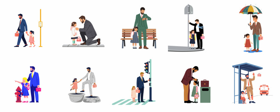 Set of illustrations featuring fathers in business suits taking their daughters to school in various everyday commute and morning routine scenarios.