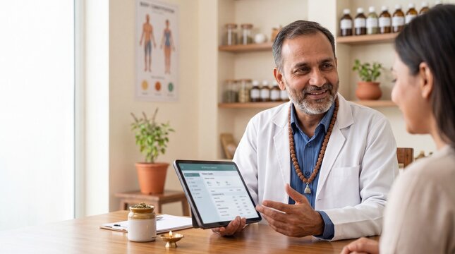 Ayurveda doctor consulting patient on tablet with herbal remedies