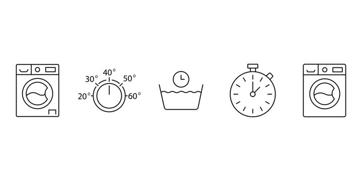 Laundry and washing machine icon vector illustration set with temperature control dial and stopwatch.