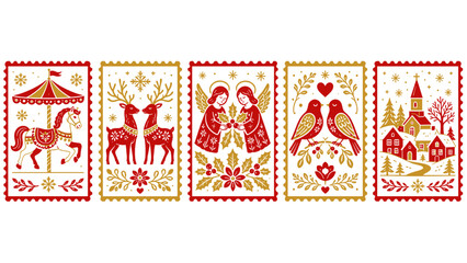 Obraz premium Collection of vintage-style Christmas postage stamps with festive illustrations