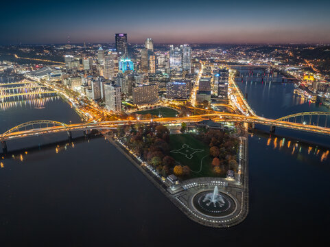 Aerial night view of the skyline of Pittsburgh, Pennsylvania, USA.