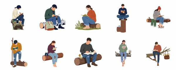 Flat illustration set of people sitting on logs outdoors, writing in journals, sketching, and reading while enjoying nature and adventure. © Loro