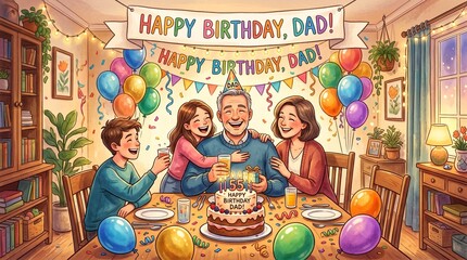 Naklejka premium Happy Birthday Dad Illustration with Balloons, Cake and Festive Decorations