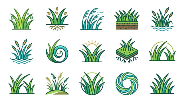 Collection of stylized green grass and plant icons.
