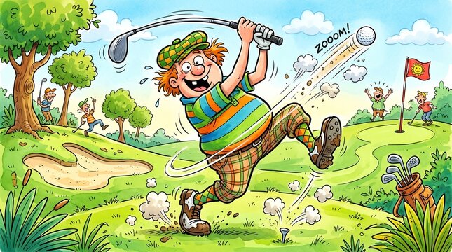 A funny man in cartoon golfer character