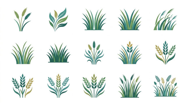 Collection of stylized grass and wheat illustrations.
