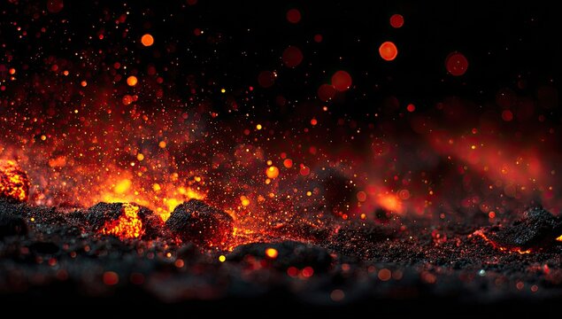 Glowing embers and sparks erupt from burning coals against a dark background