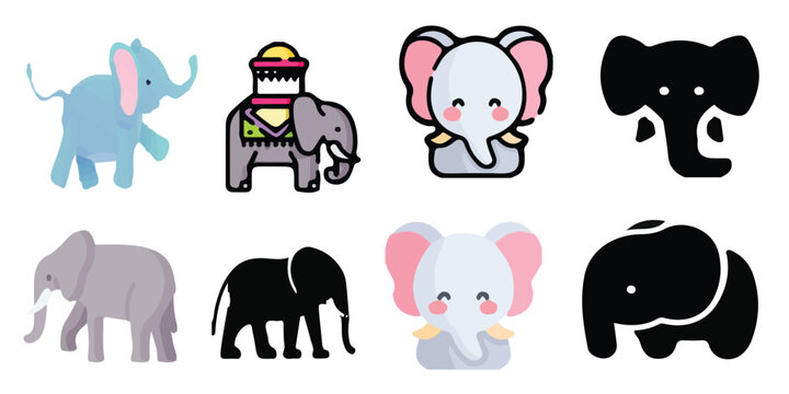 Vector graphic collection of elephants featuring an ornate Indian ceremonial elephant, a solid black silhouette, and two adorable baby elephant characters with pink ears