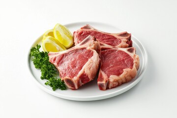 Fototapeta premium Three fresh pork chops with lemon slices and parsley, showcasing vibrant colors and textures.