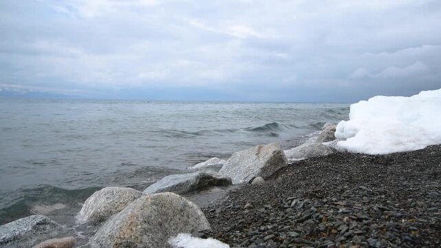 Waves lapping shore of Sayram Lake, Bole, Xinjiang China
