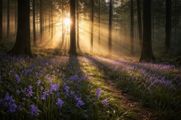 Fototapeta premium Serene forest with blooming bluebells