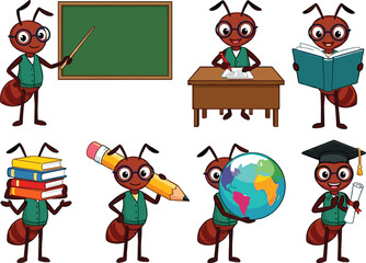 Cute Teacher Ant Character Vector Collection Featuring Cartoon Insects Teaching in Classroom, Reading Books, Studying Geography, and Educational Activity Illustrations © MstSuborna