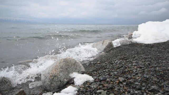 Waves lapping shore of Sayram Lake, Bole, Xinjiang China