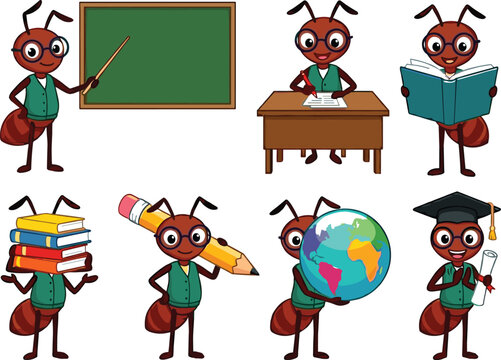Cute Teacher Ant Character Vector Collection Featuring Cartoon Insects Teaching in Classroom, Reading Books, Studying Geography, and Educational Activity Illustrations