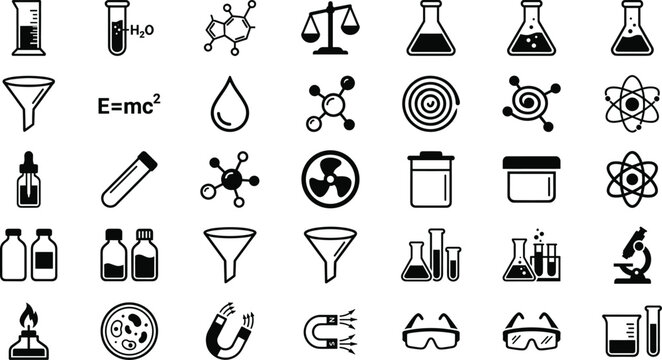 Scientific Laboratory and Chemistry Icons Set with Molecular Symbols Glassware and Research Equipment Collection