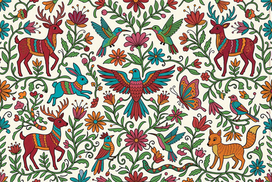 Traditional vector illustration of Mexican Otomi folk art animal and floral pattern in a flat folk art style