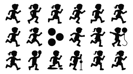 Fototapeta premium Set of 15 Black Child Running Silhouette Icons Vector