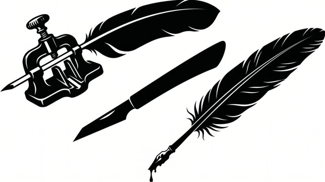 Vintage scribe tools set with feather quill pen cutter sharpening clamp machine and ink nib vector illustration silhouette