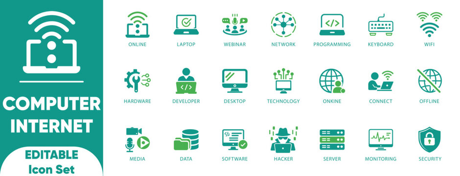 Computer Internet Icon Set. keyboard, programming, server, network, software, media, desktop, computer, website, hacker, illustration, and solid icons.