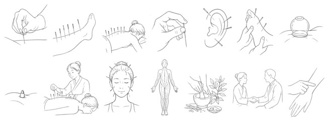 Fototapeta premium Collection of illustrations depicting various traditional Chinese medicine practices and treatments