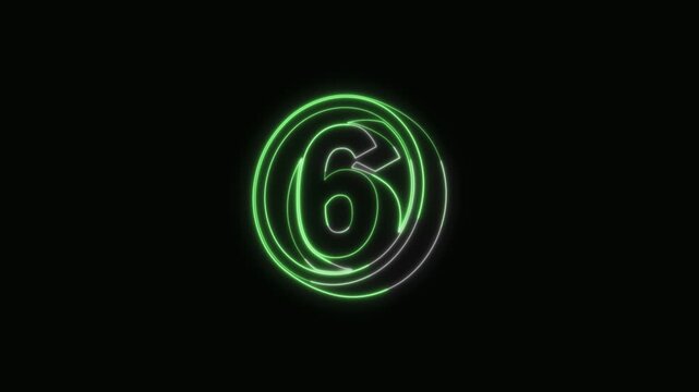 Number 6 Neon Text Seamless Loop 4K Black Background Animated Promotional Typography for Video Editing