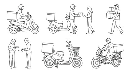 Minimalist delivery service line art icons, courier on scooter and motorcycle with parcel boxes, food and package shipping logistics vector set © usman