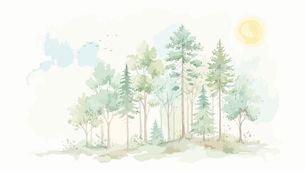 Watercolor forest landscape vector, soft pastel pine trees and deciduous woodland, misty nature background with sun for nursery wall art © usman