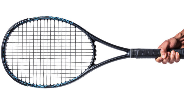 Tennis racket with blue accents held by hand