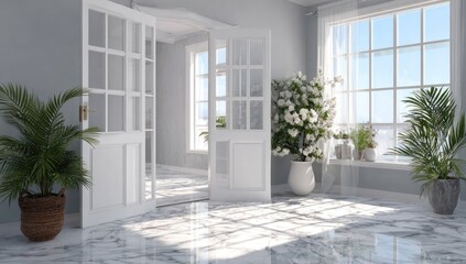 Fototapeta premium Bright room with open doors, sunlight, plants, and marble floors