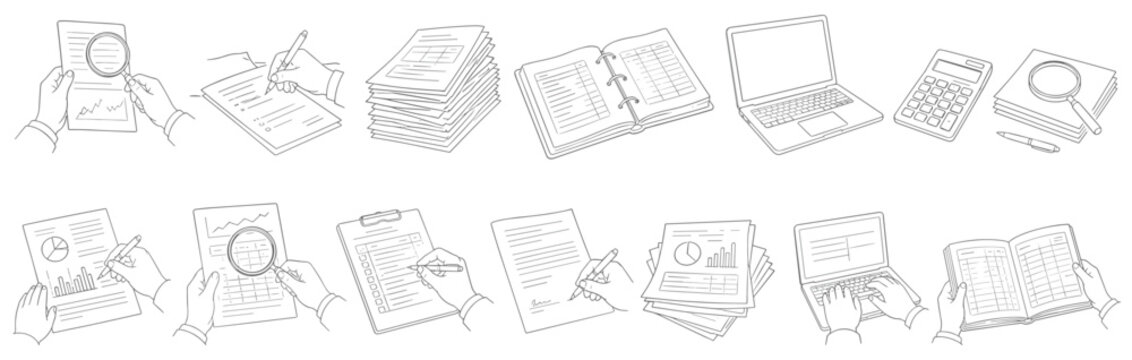 Business and finance illustrations showing hands working with documents and office supplies