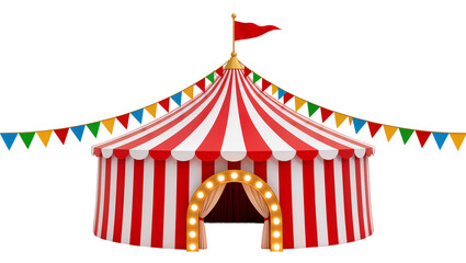 Red and white striped circus tent with colorful bunting and marquee lights © Lena