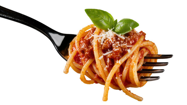 Spaghetti with meat sauce and basil on fork