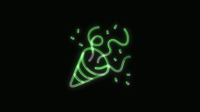 Party Popper Icon Neon Seamless Loop 4K with Black Background Animated Promotional Typography for Video Editing
