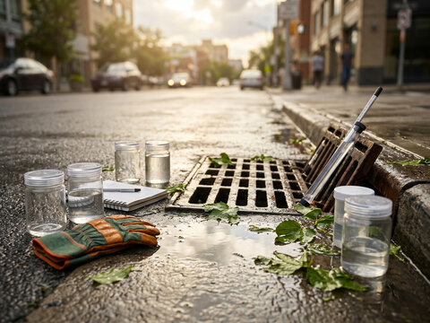 Urban water testing scene with sample bottles and tools placed beside a street drain