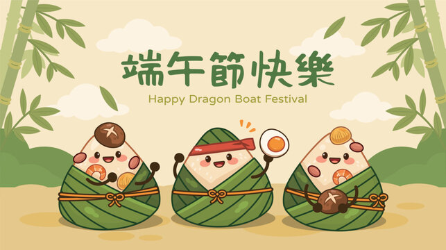 Dragon Boat Festival vector template featuring cute and delicious zongzi celebrating the holiday in joyful traditional Asian atmosphere. Translation: Duanwu Festival.
