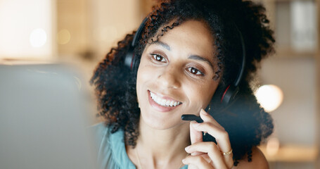Call center, smile and woman in home office with communication, customer service or night. Virtual...