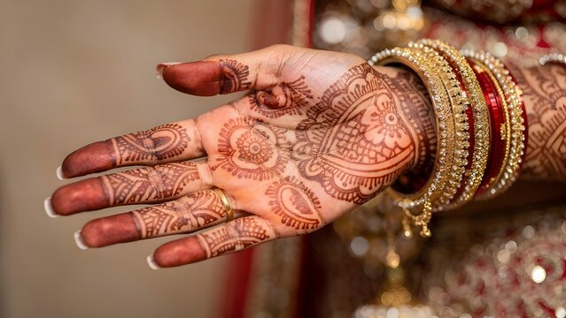Indian Bride Hand with Intricate Mehndi Design and Traditional Gold Bangles