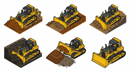 Construction Bulldozer Pushing Dirt And Soil In Different Poses. © Naufal