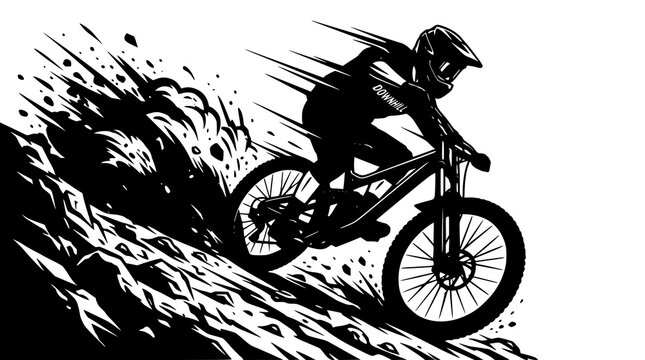 Downhill biker vector illustration in two color style with extreme mountain cycling action design