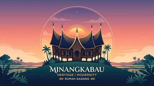 Minimalist vector art of a traditional Indonesian Rumah Gadang house framed by a glowing sun in a twilight purple and pink sky landscape