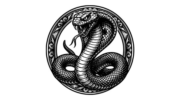 Angry cobra vector illustration in circular frame black and white snake emblem design
