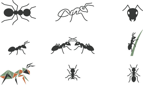 Creative Ant Icon Vector Collection Featuring Silhouette Insects, Minimal Line Art Designs, Abstract Bug Symbols, and Modern Nature Illustration Elements