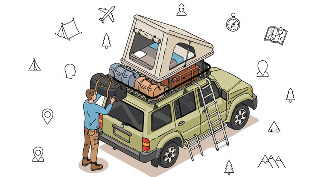 Adventure camping vector illustration of a car with rooftop tent and travel gear on a journey