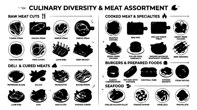 Different meat and food vector illustration set with butcher and barbecue cuisine collection