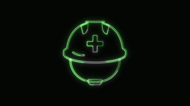  Rescue Worker Helmet Icon Neon Seamless Loop 4K with Black Background Animated Promotional Typography for Video Editing