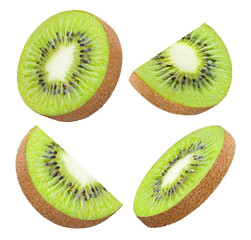 Fototapeta premium Set of kiwi fruit slices and wedges with green pulp, isolated on cutout transparent background